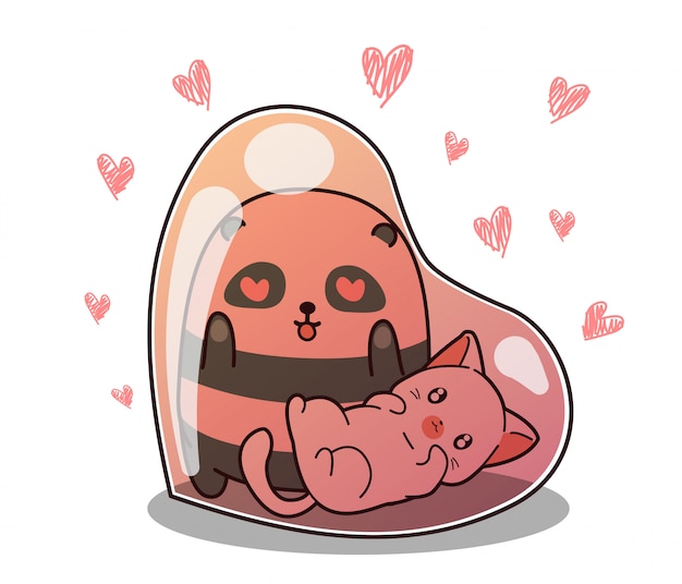 Vector adorable panda and cat inside heart balloon on heart 