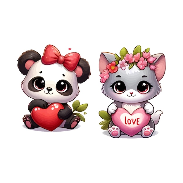 Vector adorable panda and kitten love vector illustration