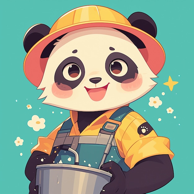 An adorable panda laundry worker cartoon style