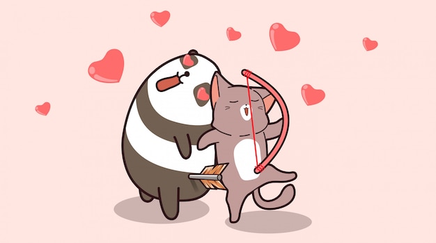 Adorable panda with love arrow is falling love cat