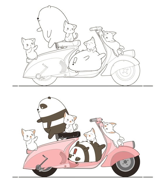 Adorable pandas and cats with motorcycle cartoon   coloring page for kids