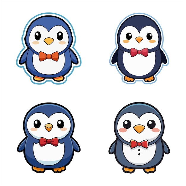 Adorable Penguin Wearing a Bowtie Sticker Kawaii Contour Vector Design on White Background