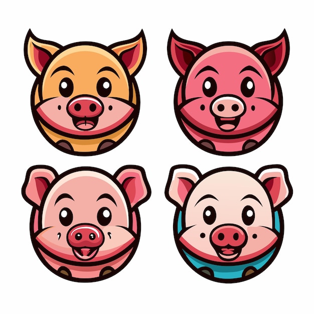 Vector adorable pig faces with happy expressions cartoon illustration