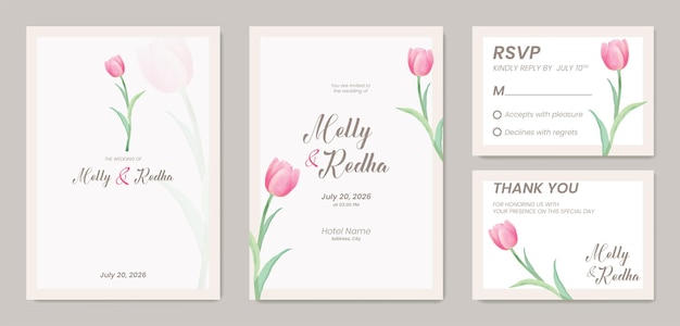 adorable pink tulip double side wedding invitation template premium vector