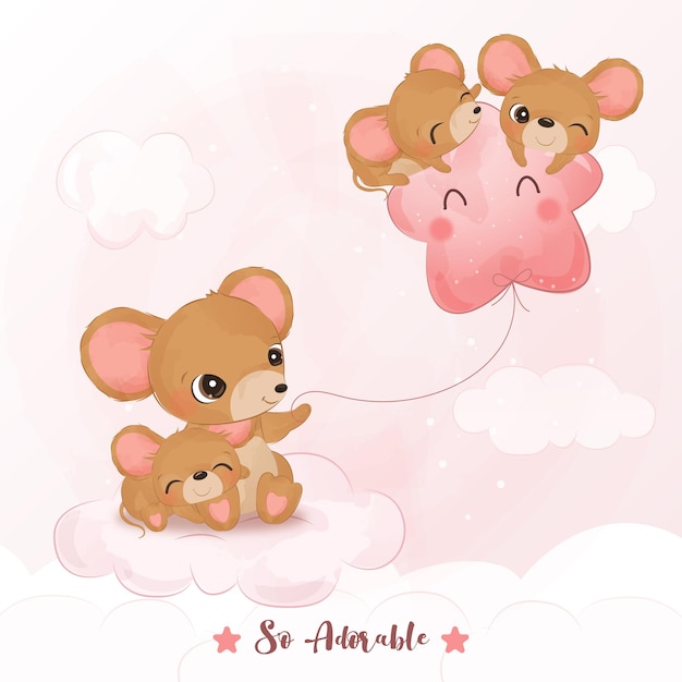 Adorable playful mice in watercolor illustration