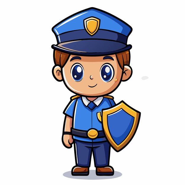 Vector adorable police officer holding shield in cute cartoon style