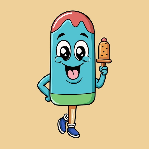 Vector adorable popsicle eating a delectable ice cream cone cartoon illustration