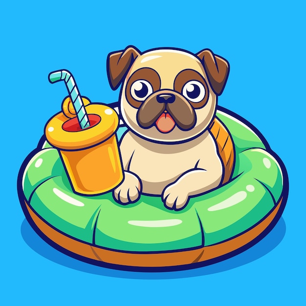 Adorable Pug Dog Relaxes on Swimming Tires with Refreshing Juice