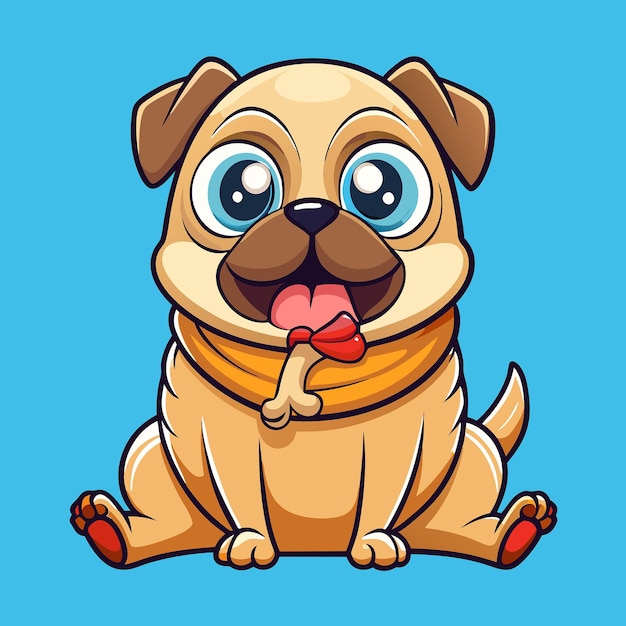 Adorable Pug Munching on Bone in Cartoon Illustration