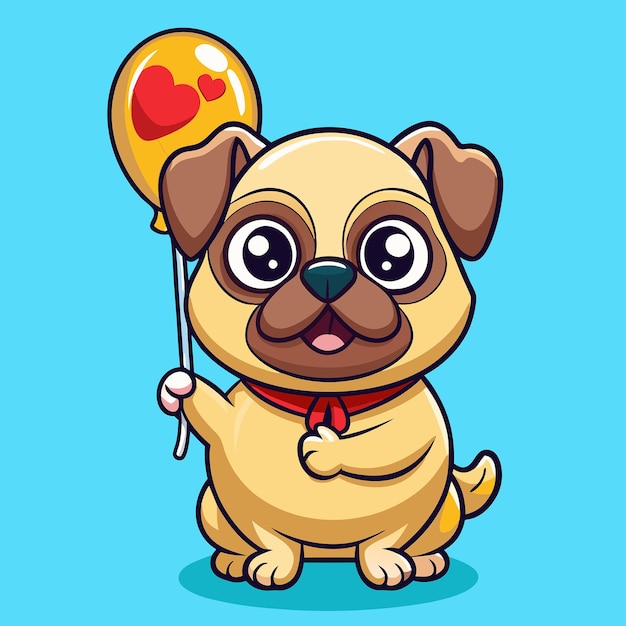 Adorable Pug Puppy Holding a BoneShaped Balloon Cartoon Vector Illustration