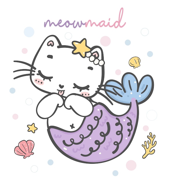 Adorable puple mermaid kitten cat cartoon doodle animal hand drawing vector little mermaid adorable pet line drawing