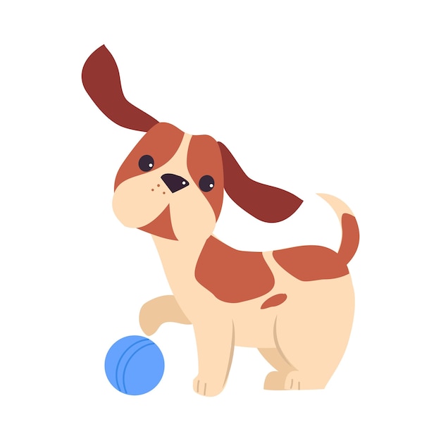 Vector adorable puppy dog playing ball happy pet animal with white and brown coat cartoon vector