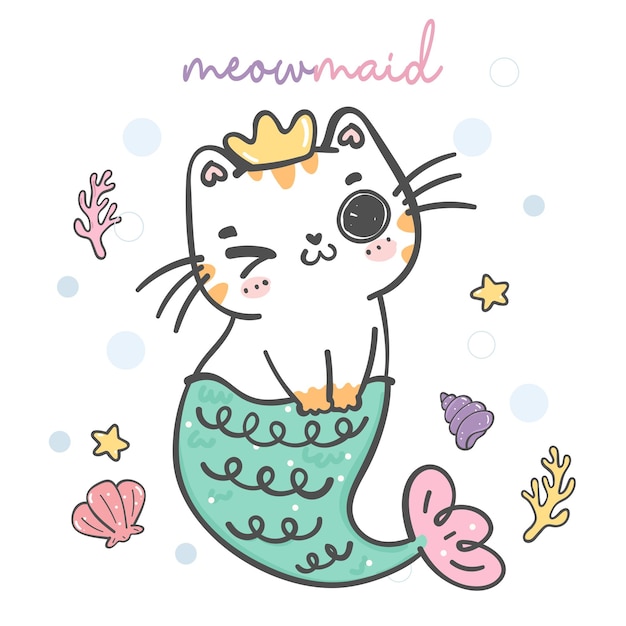 Adorable rainbow mermaid kitten cat cartoon doodle animal hand drawing vector little mermaid adorable pet line drawing