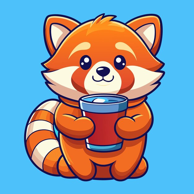 Vector adorable red panda embraces coffee cup in cartoon illustration