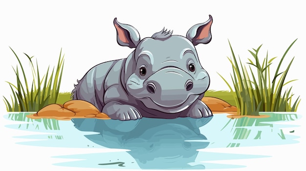 Adorable Rhinoceros Playing in Pond Vector Illustration