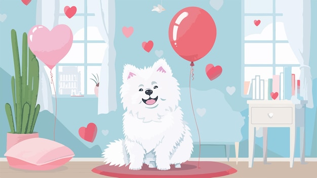 Vector adorable samoyed dog celebrating valentines day at home with a balloon