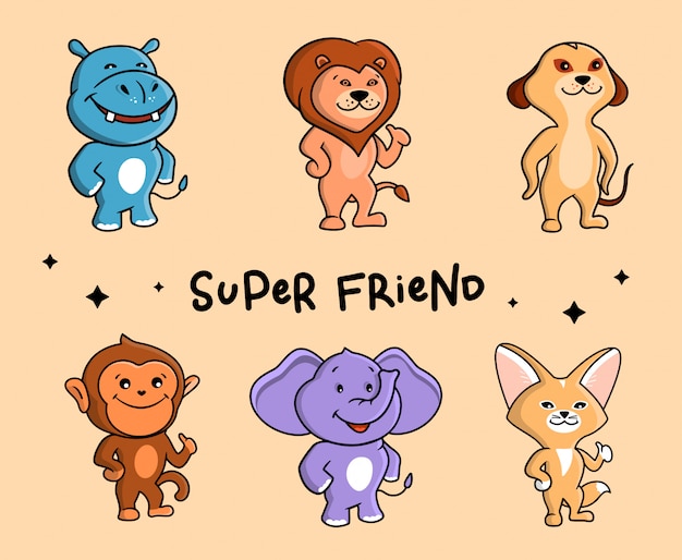 The adorable set of animals. Six Safari cartoon characters.