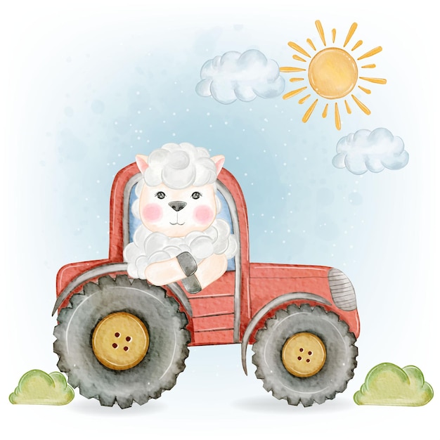 Adorable Sheep Driving Tractor Farm Garden Watercolor