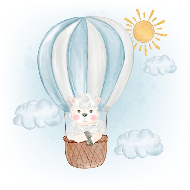 Adorable Sheep Flying Air Balloon Watercolor