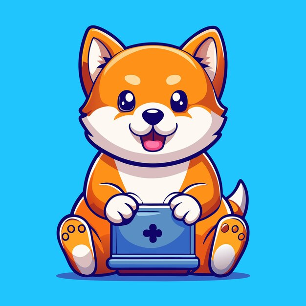 Vector adorable shiba inu dog gaming cartoon vector icon illustration