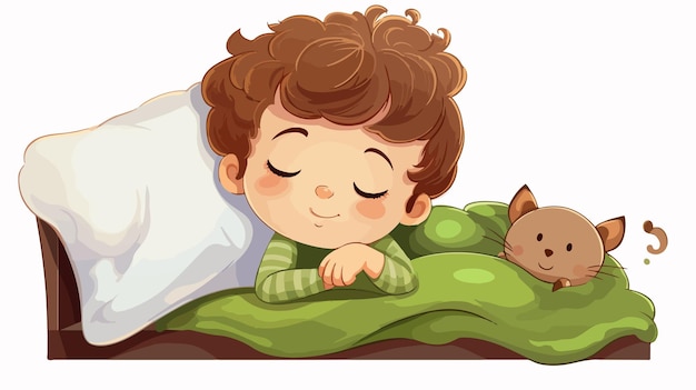 Vector adorable sleeping boy on green bed vector illustration