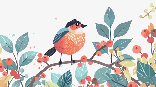 Vector adorable small bird perched on branch with wild berries