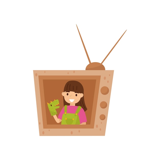 Adorable smiling girl sitting in TV made of cardboard box and playing with toy dragon on hand Flat vector design