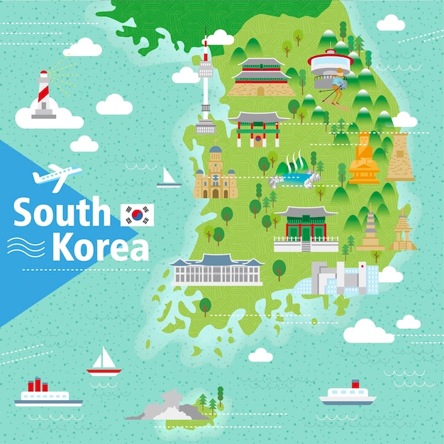 Adorable South Korea travel map with colorful attractions