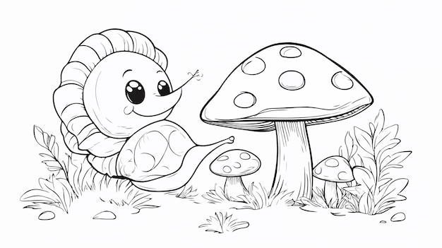 Adorable Spring Snail and Mushroom Outline Coloring Page