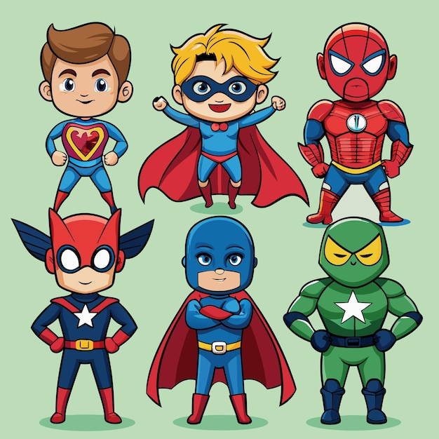 Vector adorable superhero cartoon characters a collection of iconic designs