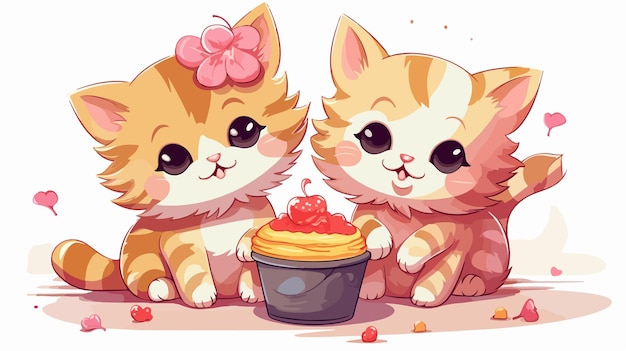 Vector adorable two kittens eating cartoon vector illustration