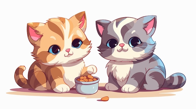 Adorable Two Kittens Eating Cartoon Vector Illustration