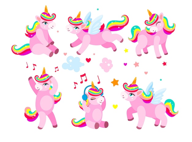 Adorable unicorn cartoon character illustrations set