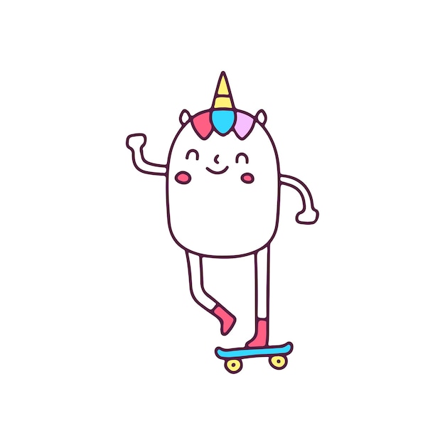 Adorable unicorn playing skateboard, illustration for t-shirt, street wear, sticker, or apparel.