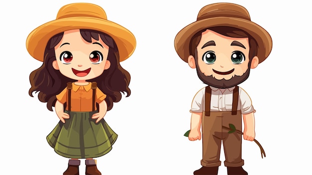 Adorable Vector Cartoon Style Boy and Girl Characters in Farm