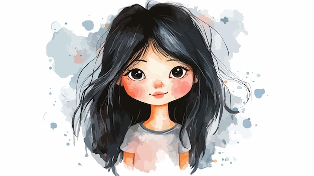 Vector adorable watercolor girl with black hair in cute pose