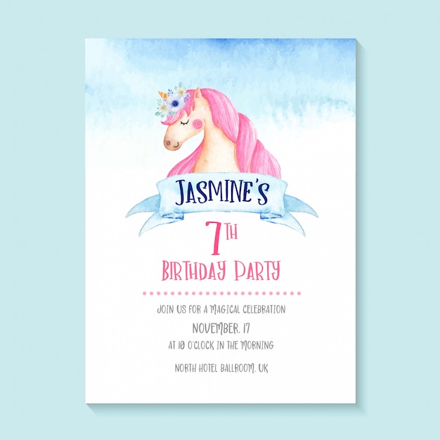 Adorable watercolor Unicorn Invitation, Cute and girlie unicorn birthday invitation design.