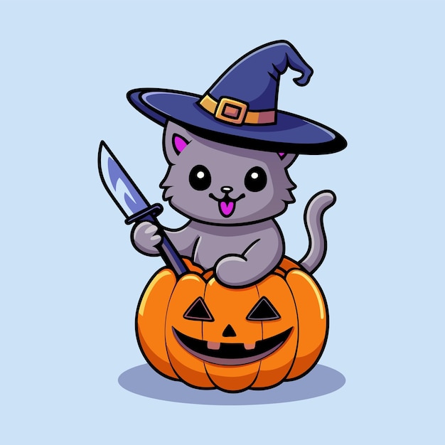 Vector adorable witch cat perched on pumpkin with knife in hand cartoon halloween illustration