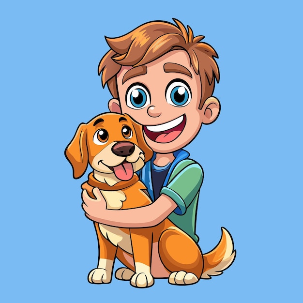 Adorable Young Boy Embracing a Cute Dog Cartoon Character