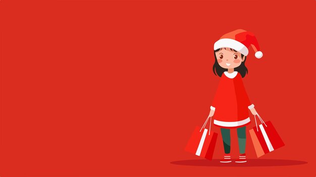 Vector adorable young girl in santa claus outfit on vibrant red background