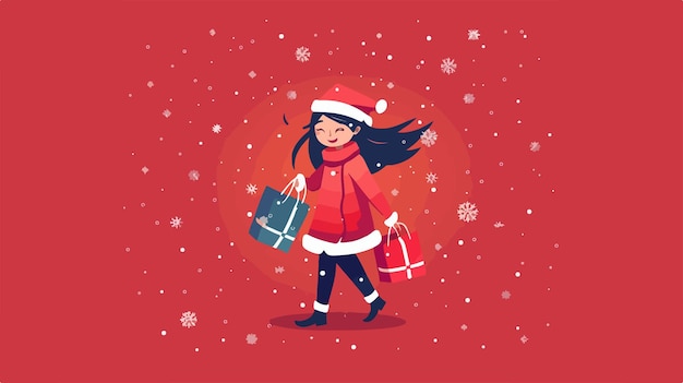 Vector adorable young girl in santa claus outfit on vibrant red background