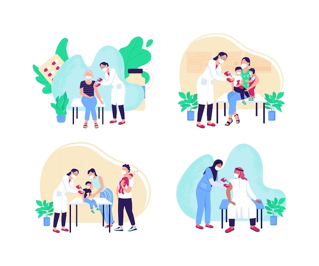 Vector adult and children vaccination flat concept illustration set