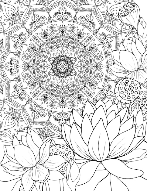 Adult coloring page Beautiful lotus flowers and mandala