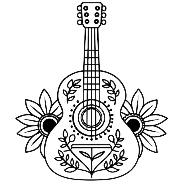 Vector adult coloring page featuring a handdrawn guitar with a lovely flower background