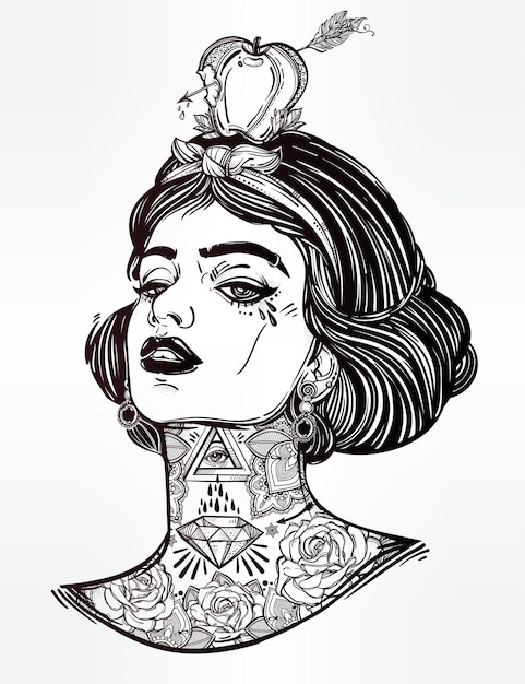 Adult coloring vector of young tattooed girl