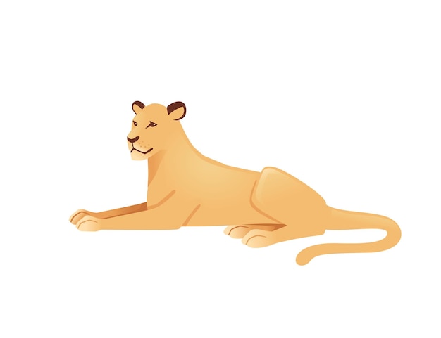 Adult lioness lying on the ground african wild predatory cat female lion cartoon cute animal design flat vector illustration isolated on white background