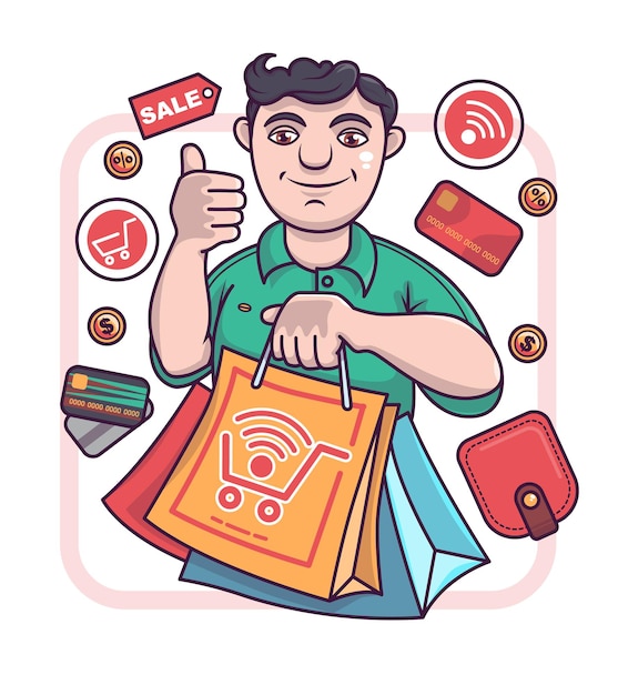 Adult man holding bags ordering goods online use credit card