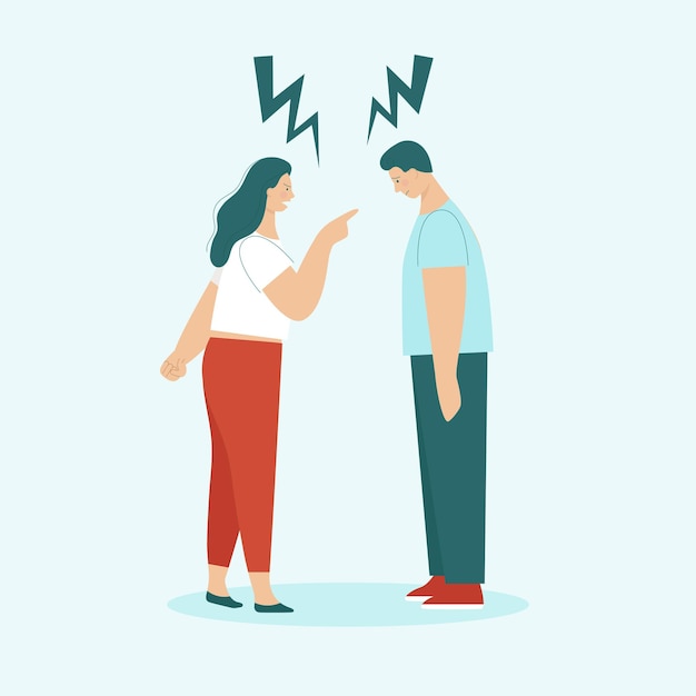 Vector adult man and woman quarrel. concept of family conflicts, resentment, aggression, divorce. husband and wife scream and swear. flat vector illustration isolated.