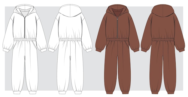 Adult one pieces pajama hooded Zipper NonFooted Jumpsuit flat sketch