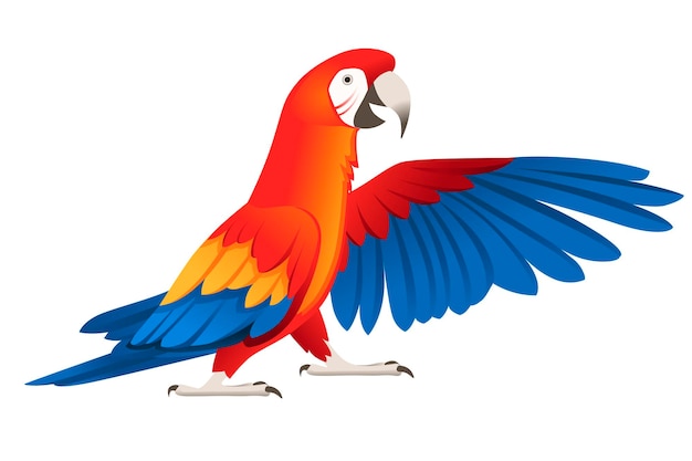 Vector adult parrot of red-and-green macaw ara standing on two legs and wave wing (ara chloropterus) cartoon bird design flat vector illustration isolated on white background.